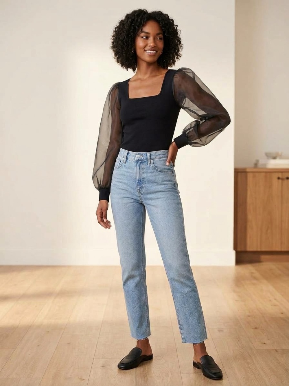 House of Harlow 1960 Black Square Neck Top w/ Sheer Puff Sleeves - Size XS